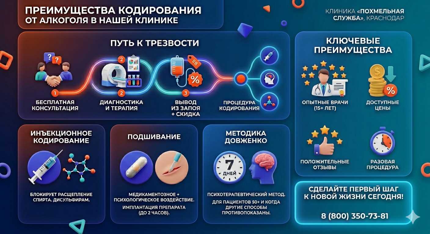 Инфографика о методах кодирования от алкоголя в Моршанске: инъекции, подшивание, метод Довженко. Преимущества клиники и этапы лечения.